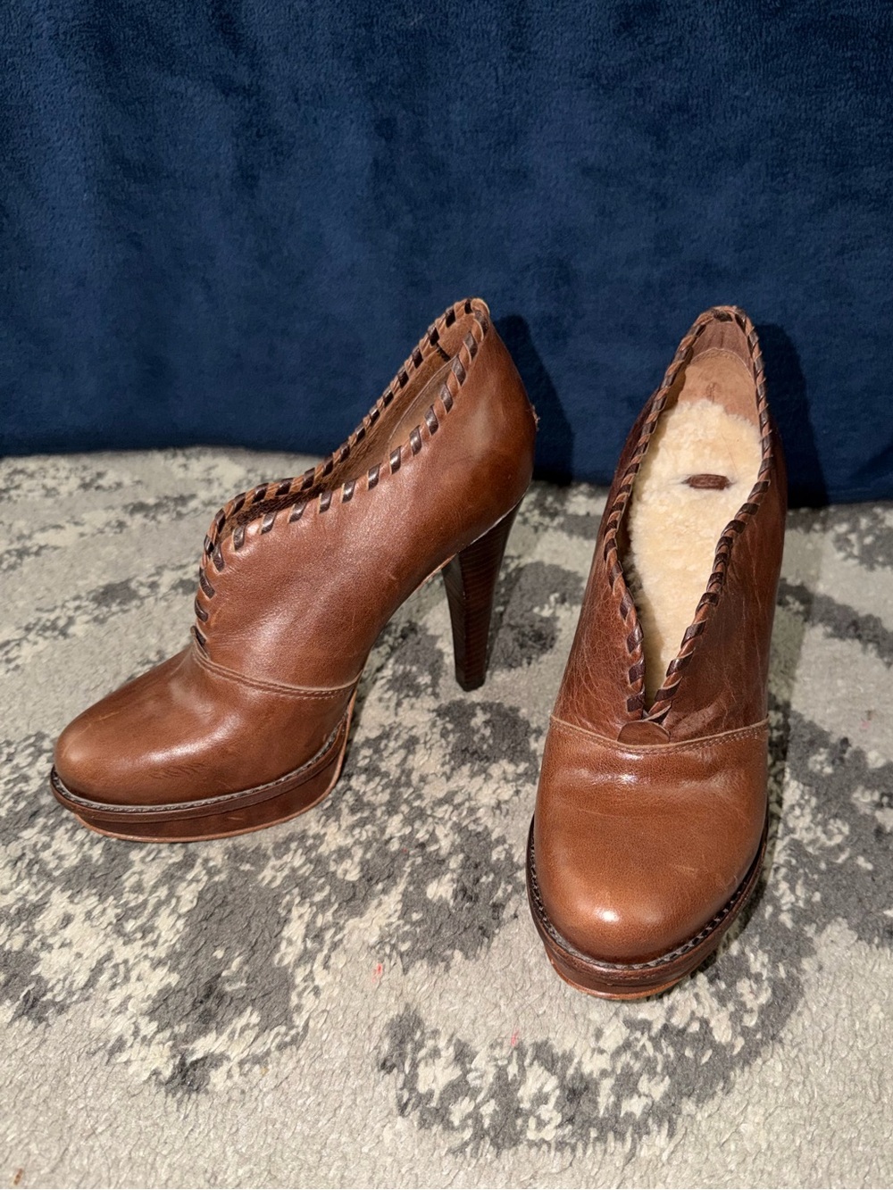 UGG Brown Leather Shearling-Lined Slip-On Bootie Stiletto